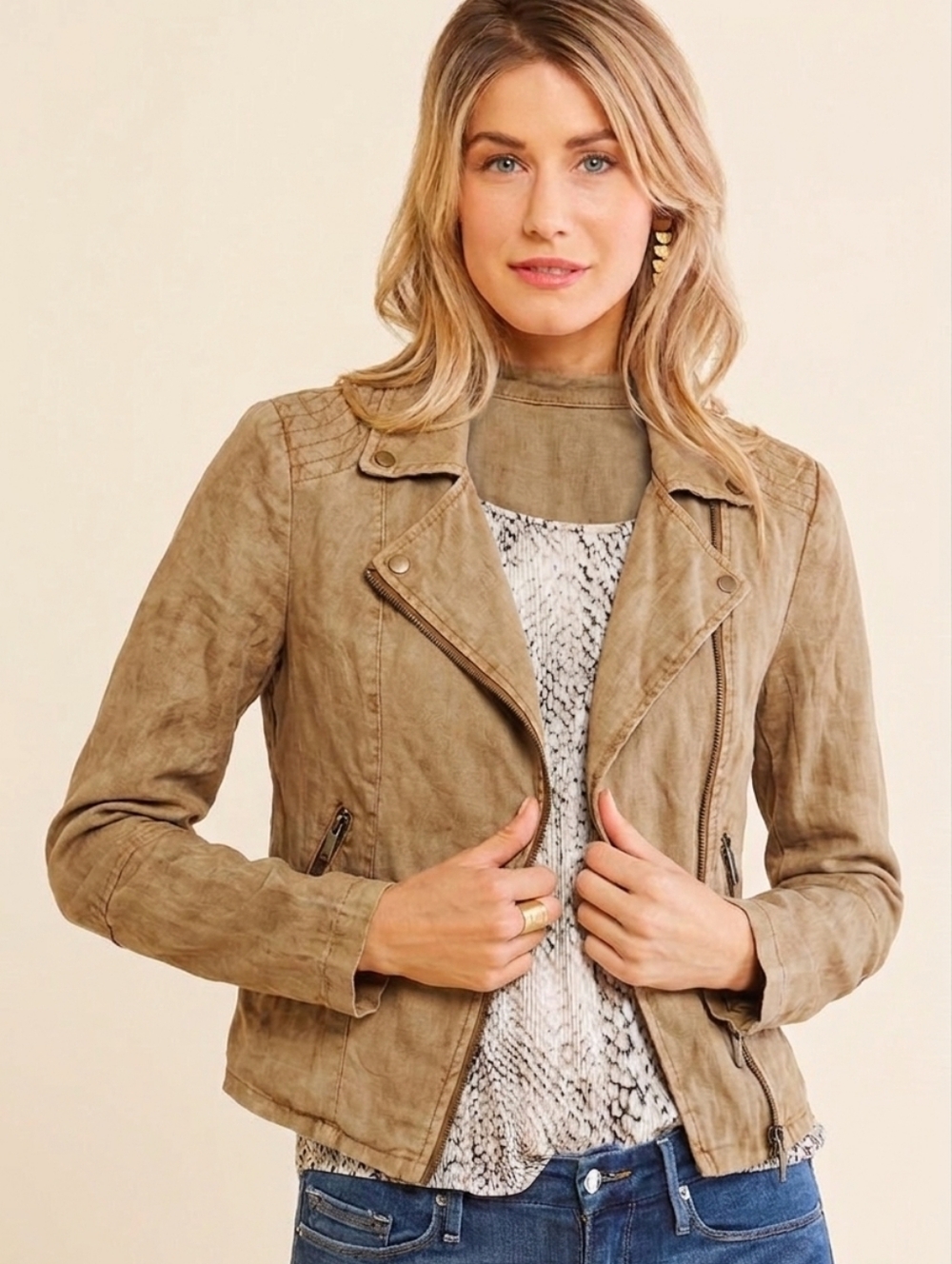 Level 99 Women's Taupe Suede-Look Moto Jacket